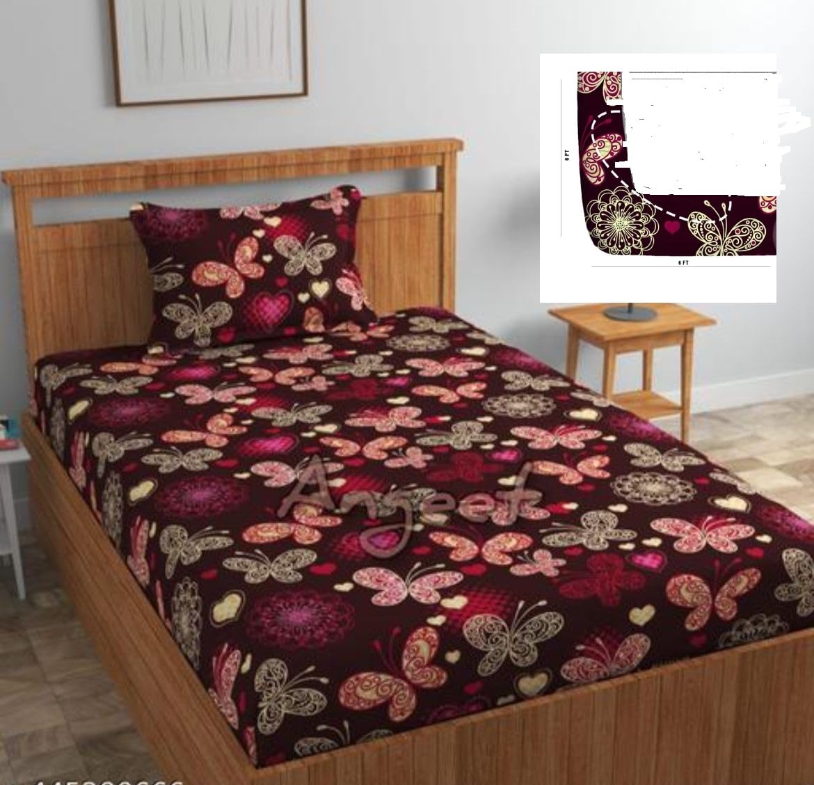 Syriddyaas® Prime Collection Cotton-Mix Fitted Single Bedsheet with 1 Pillow Cover for Single Bed with All Around Elastic 233 TC Size - 72X36X6 Fit Upto 6 Inches Mattress Color Butterfly-image-46