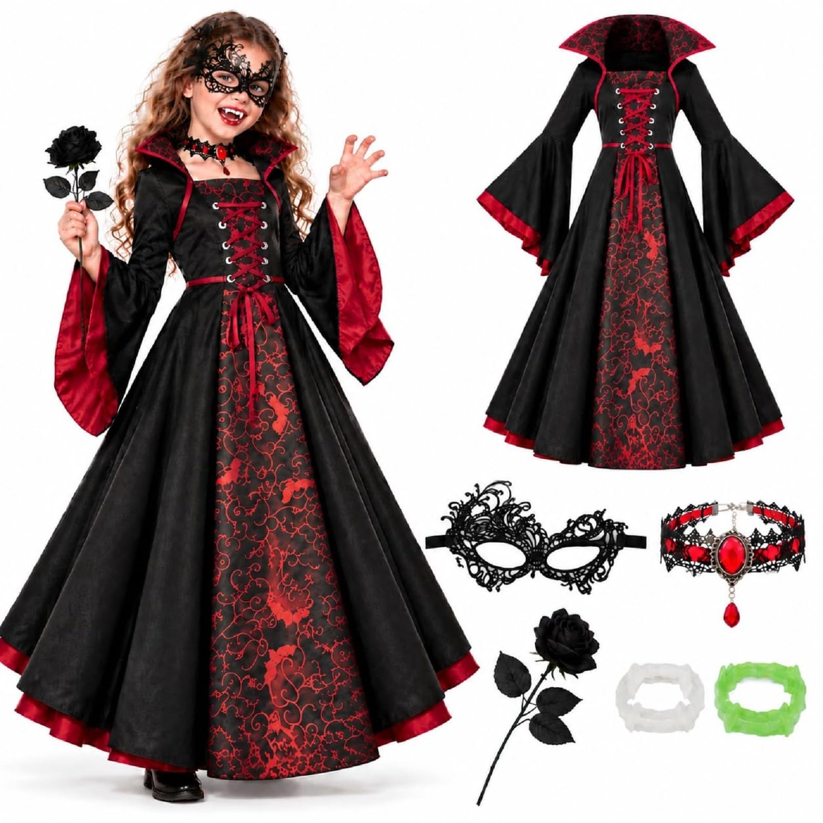 Nuoke vampire costume kids Halloween Costumes Girls Gothic Victorian Dress, tween girls scary vampire costume 11-12 Funny Halloween Costumes for Kids Long Sleeve Fancy Dresses Outfit for Girl