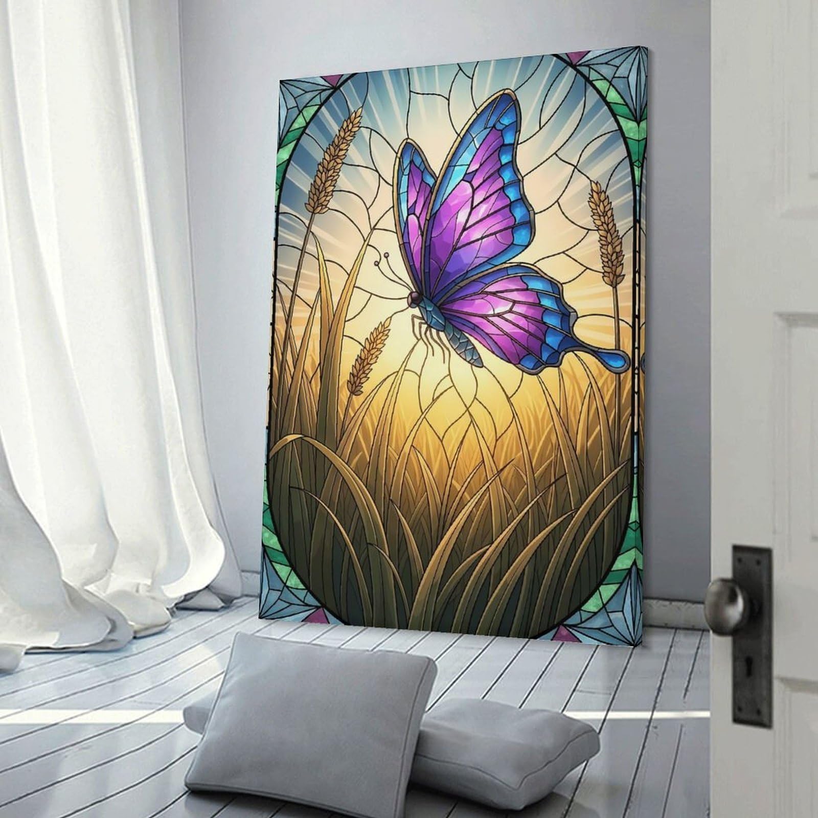 Junmoney Butterfly in Stained Glass Wall Picture Print 12x18inch(30x45cm), for Lounge Decor, Offices Or Entryway Styling, Versatile Wall Decor for Many Rooms