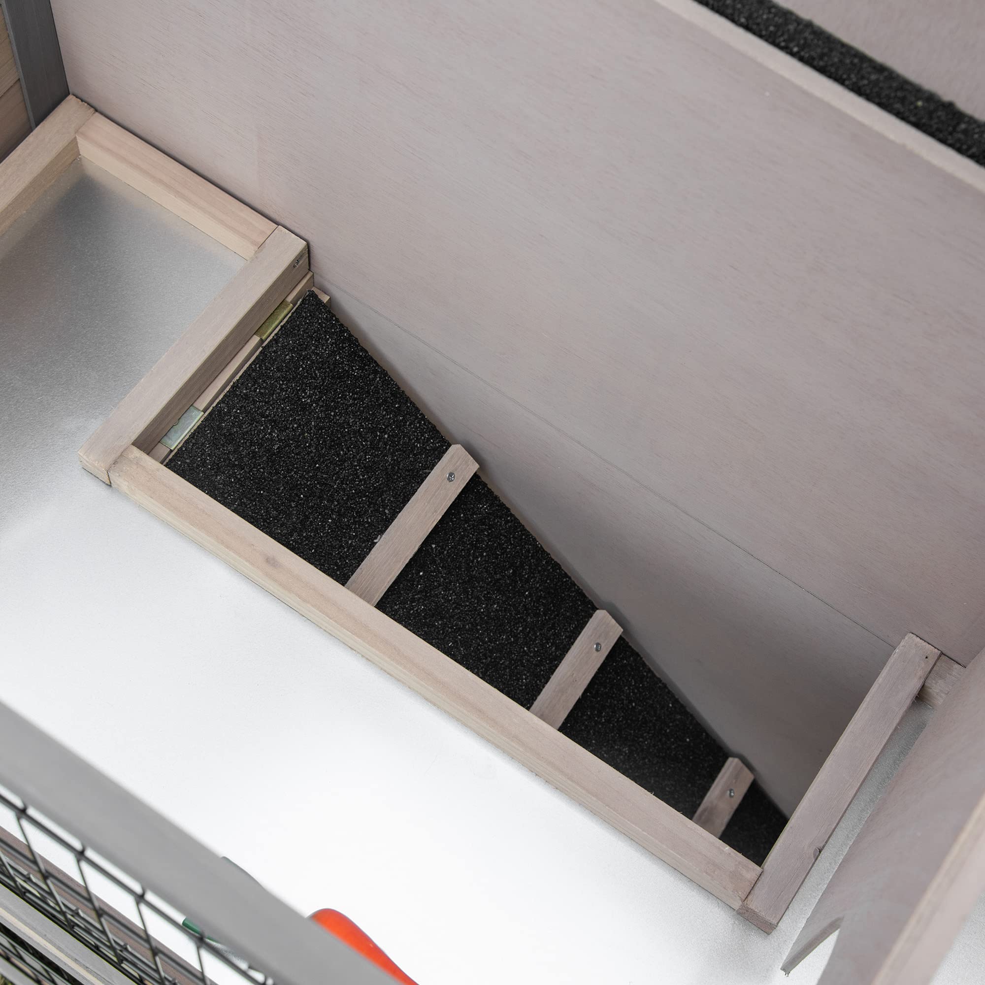 PawHut Conejera de Madera Exterior 108x45x78 cm Jaula para 2 Conejos con Corral Metálico 2 Puertas con Pestillos Techo Asfáltico Abrible Bandeja Extraíble Rampa Gris