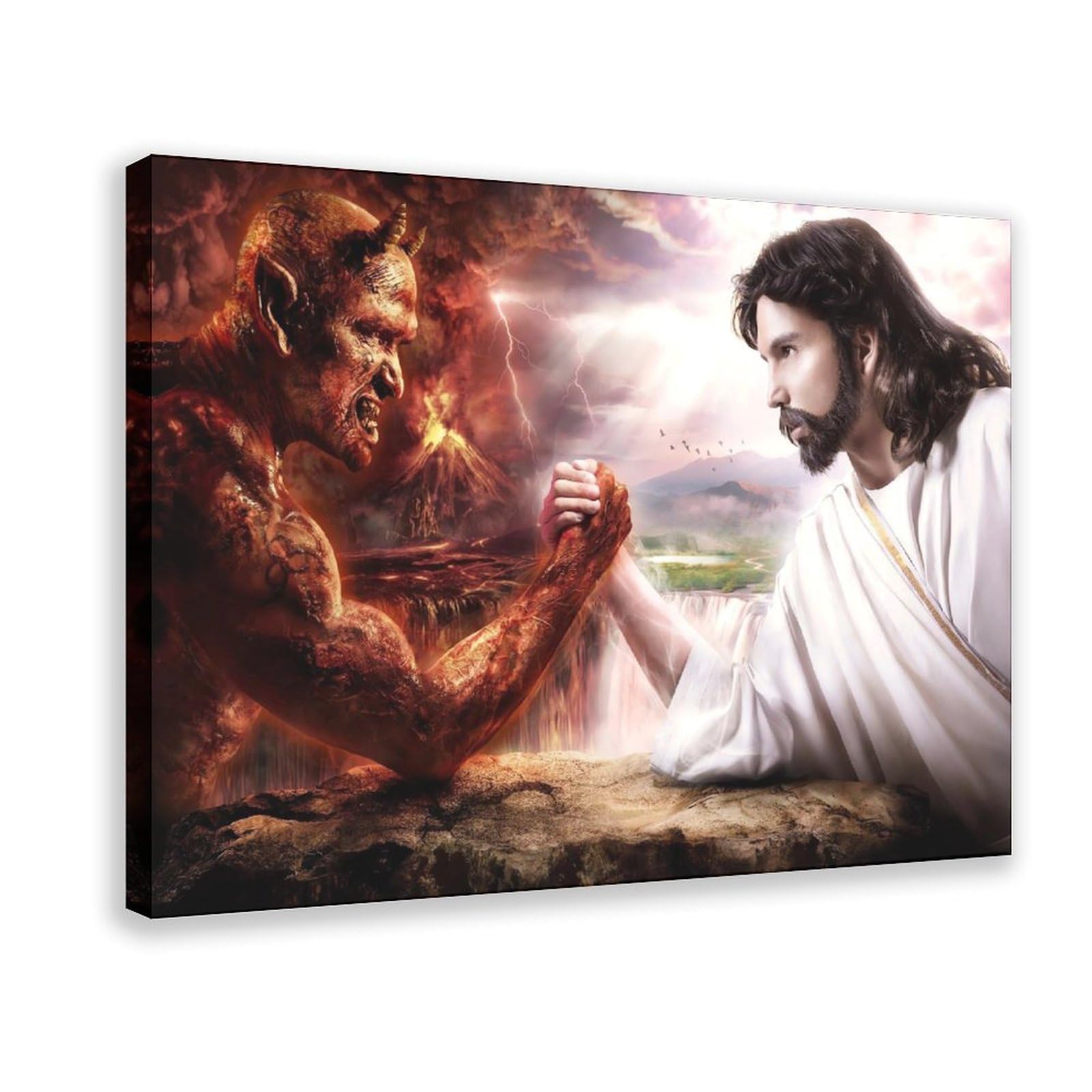 Qnvjqkdsi Frame Jesus And The Devil Arm Wrestle Art Canvas Poster Bedroom Decor Landscape Office Room Decor Gift 12" L X 18" W