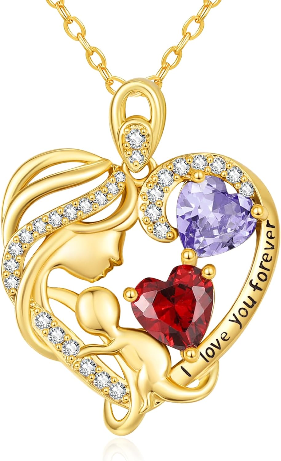 14K Gold Double Birthstone Heart Necklace for Women Mom, Mother Son/Daughter Pendant Necklace for Christmas Mother's Day Birthday Gifts for Wife Daughter Grandmom