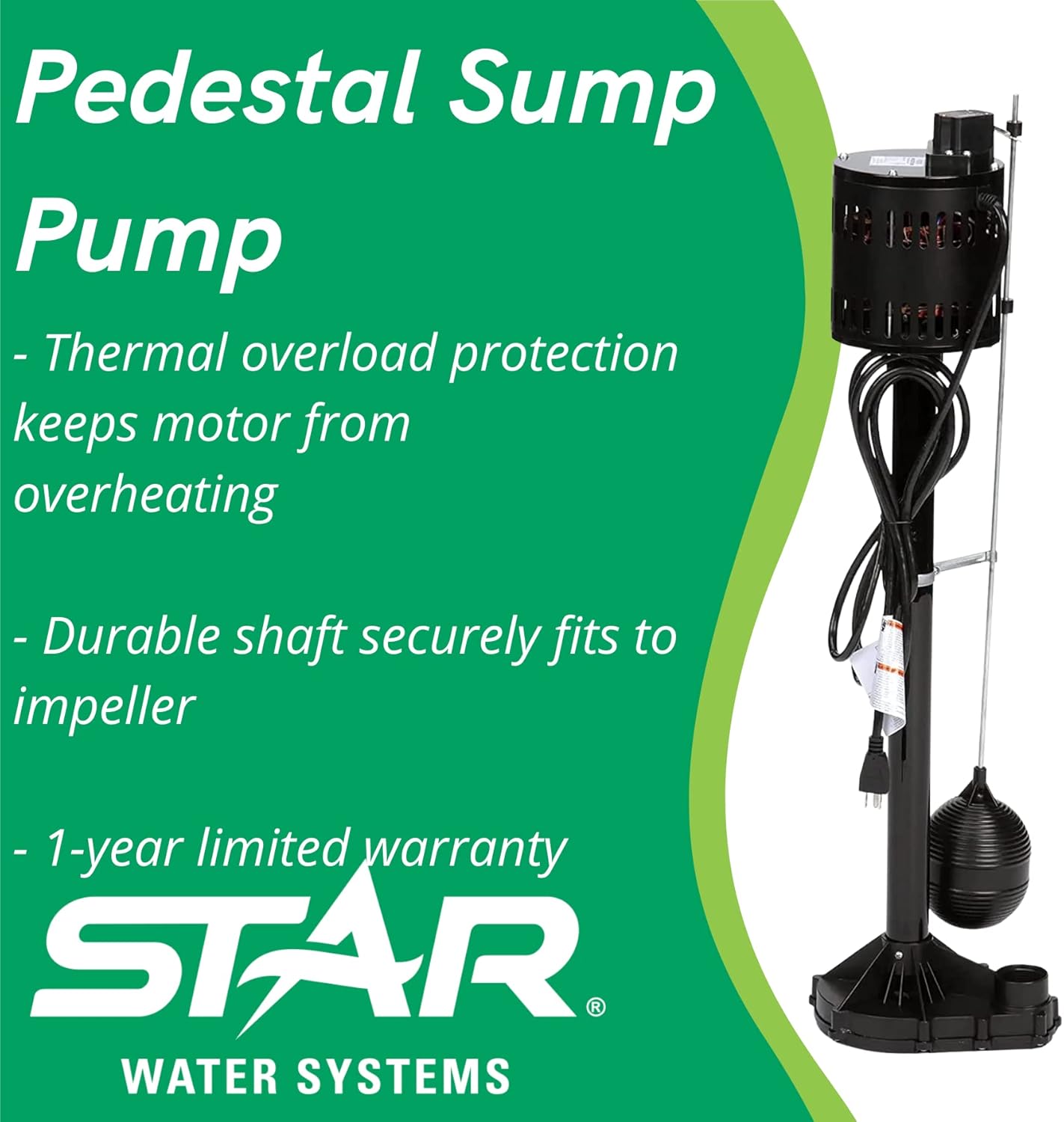 Star 3CEH 1/3 HP Thermoplastic Pedestal Sump Pump with Vertical Float Switch, Low Profile Column Pump, 58 GPM, Fits in 12" Diameter Pit,3.5 Amps
