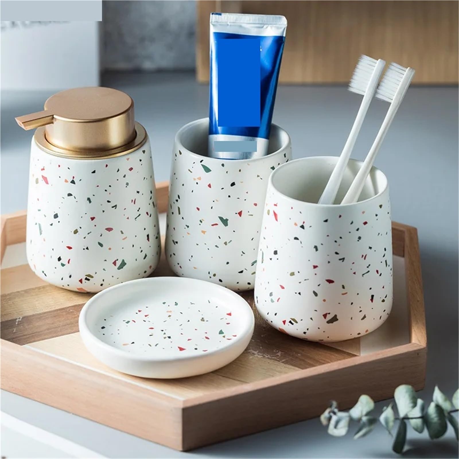Set De BañO Juego De Decoración De Baño, Cerámica, Botella De Emulsión, Vaso for Hacer Gárgaras, Jabonera, Materiales De Arte(White set2)