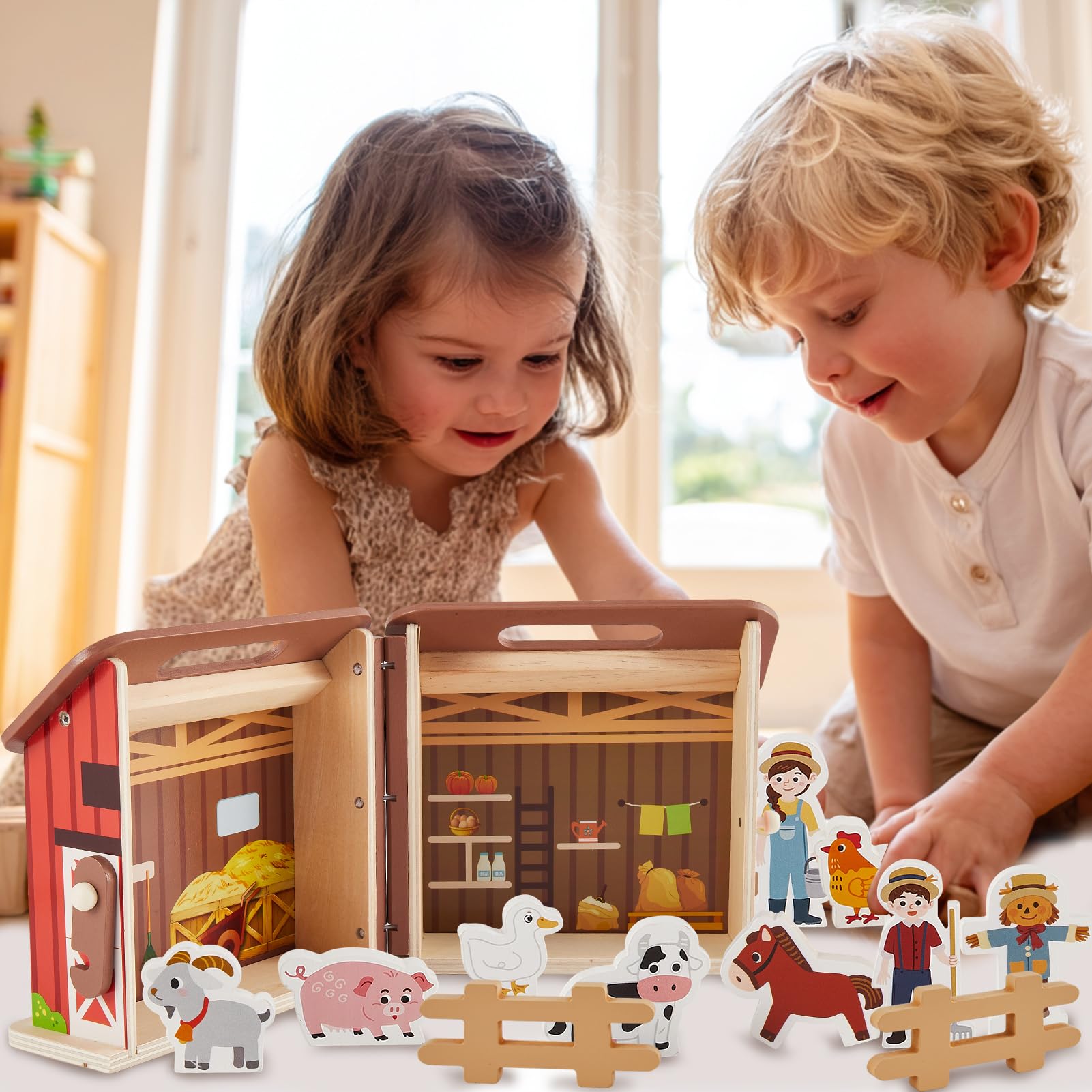 HERSITY Set Animali Fattoria in Legno Fienile Giocattolo, Casa Fattoria per Bambini può Essere Aperto e Chiuso, Giochi Educativo Regalo per Ragazzi Ragazze 3 4 5 Anni