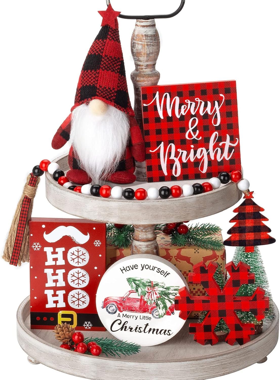 KAHEIGN Buffalo Plaid Christmas Tiered Tray Decorations Set, 22CM Gnomes Plush with 4Pcs 12CM Wooden Sign and 57CM Wood Bead Garland - for Christmas Home Table Fireplace Decoration (TRAY NOT INCLUDED)