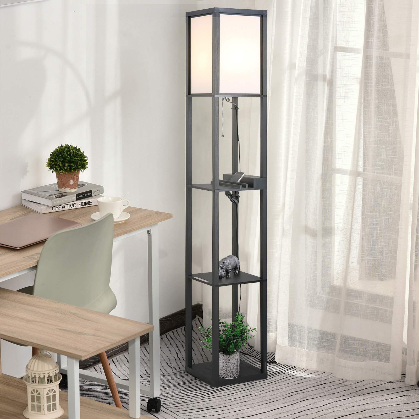 HOMCOM Lampada da Terra Moderna con Ripiani 26 x 26 x 160 cm Nero e Bianco | Lampadina, Illuminazione Interna Salvaspazio, da Soggiorno, Cotone, MDF