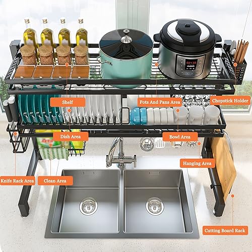 Miniatura 2 de Escurridor de platos sobre el fregadero de 2 niveles de acero inoxidable grande con soporte para utensilios, escurridor de platos para encimera de