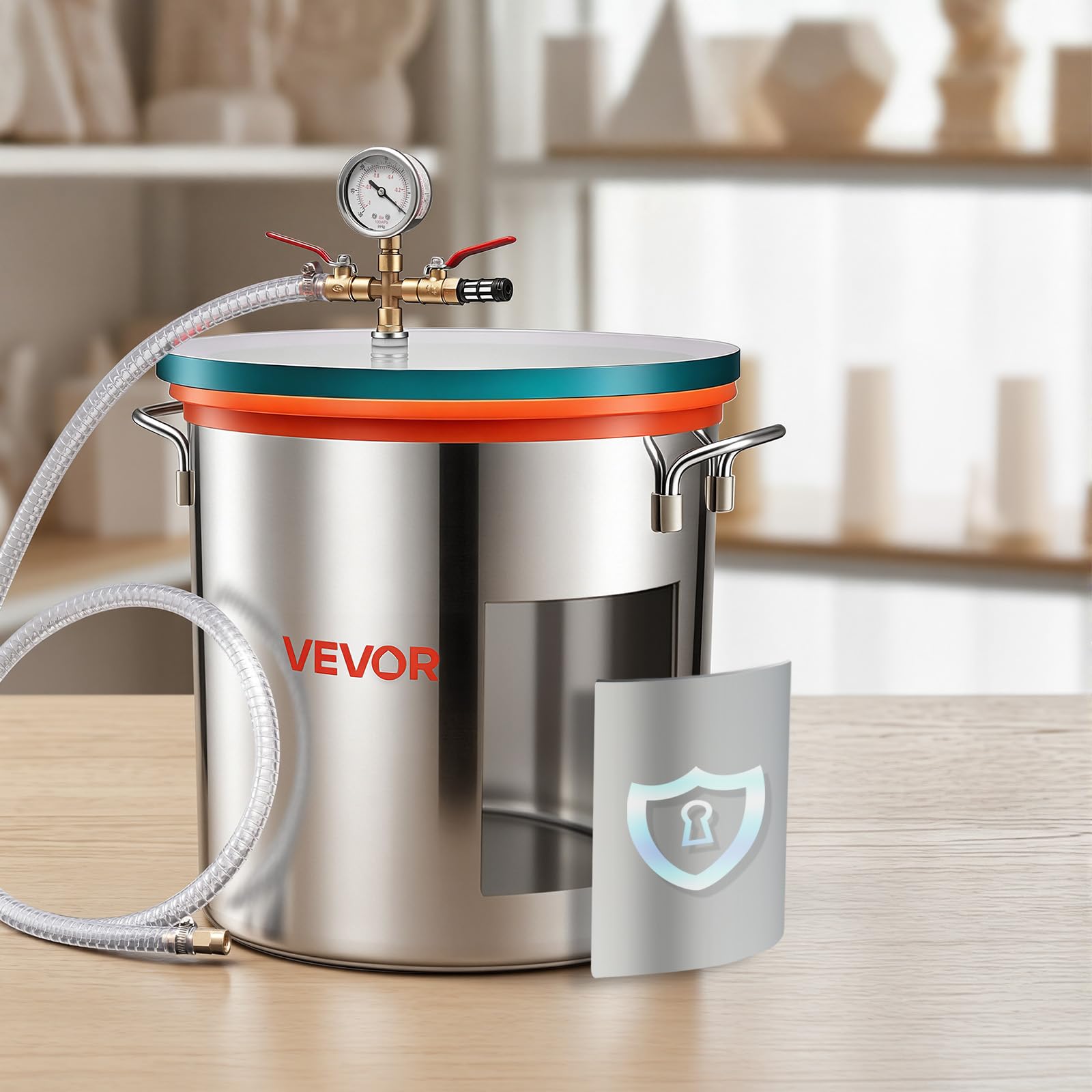 VEVOR Vakuumkammer 34,1 L aus Edelstahl, Vakuum-Entgasungskammer mit Gehärtetem Glasdeckel, Schlauch und Luftfilter, für Harzguss, Holzstabilisierung sowie Silikon, Epoxidharz und Ätherische Öle