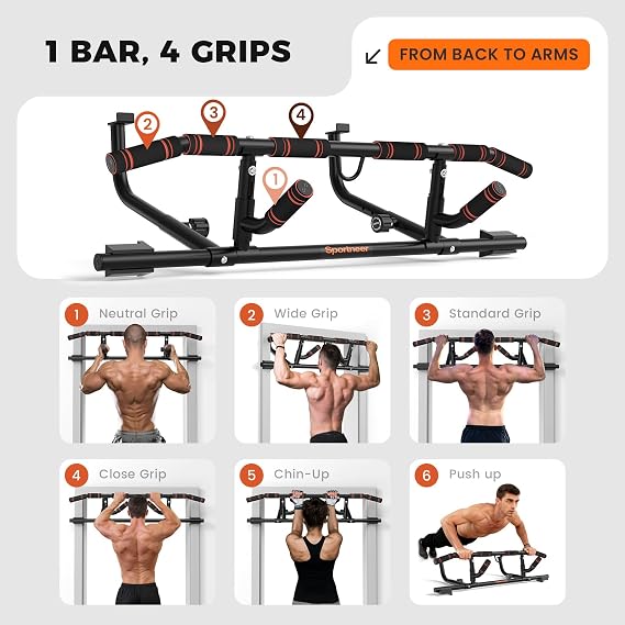 Sportneer 2026 Upgraded Pull up Bar for Doorway Pull Up Bar with Rotating Handles, Multi-Grip Door Pull Up Bar Upper Body Trainer, 440 lb Capacity, Home Gym Strength Training