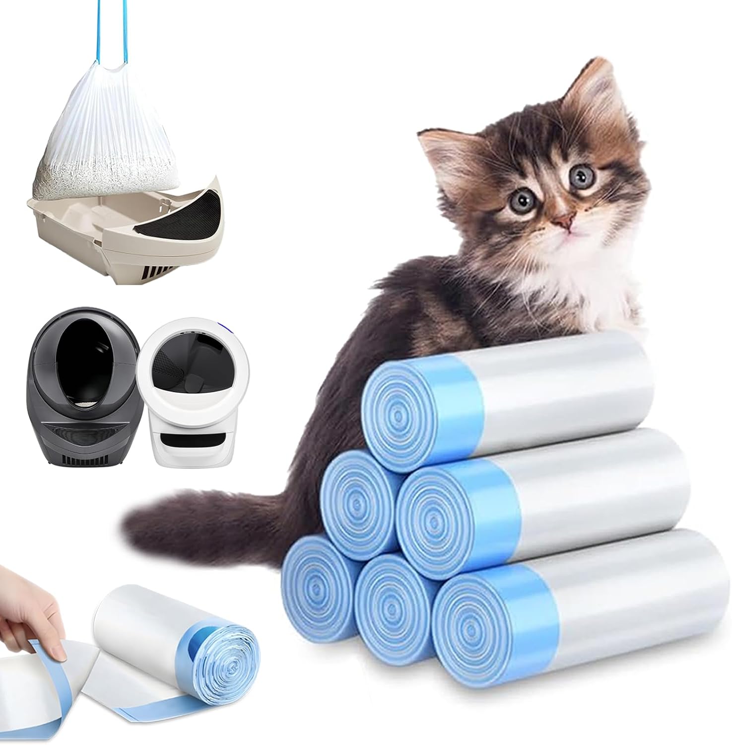 XUEPETT 120 Pack Cat Litter Box Liners with Drawstring, 25.2" x 15.7" | Compatible with Litter-Robot 3/4/5, Heavy Duty Cat Litter Bags, Pre-Separated, Tear Resistant, Easy Clean Up