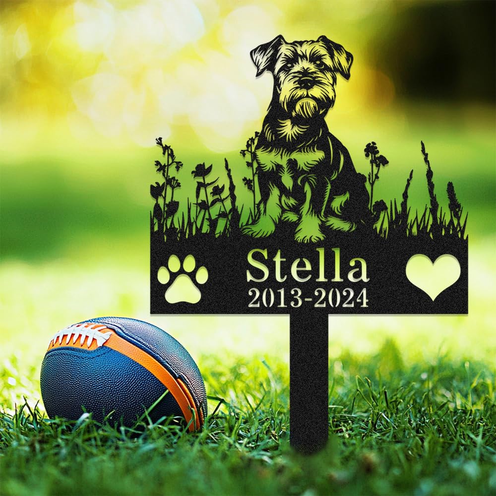 Custom Schnauzer Dog Memorial Grave Marker with Stake,Personalized Dogs Name Memorials Engraved Burial Sign,Customized Loss of Sympathy Gifts for Pet Owner,Flower Pets Headstone for Cemetery Lawn Yard