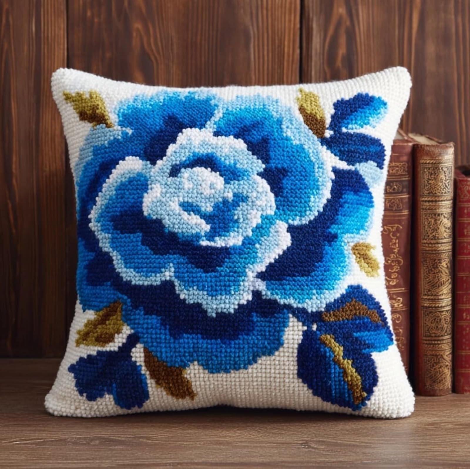 AxiangziK DIY Latch Hook Cushion Cover Kit,Blue Roses 43x43cm Handmade Needlework Kit for Sofa & Bedroom Decorations