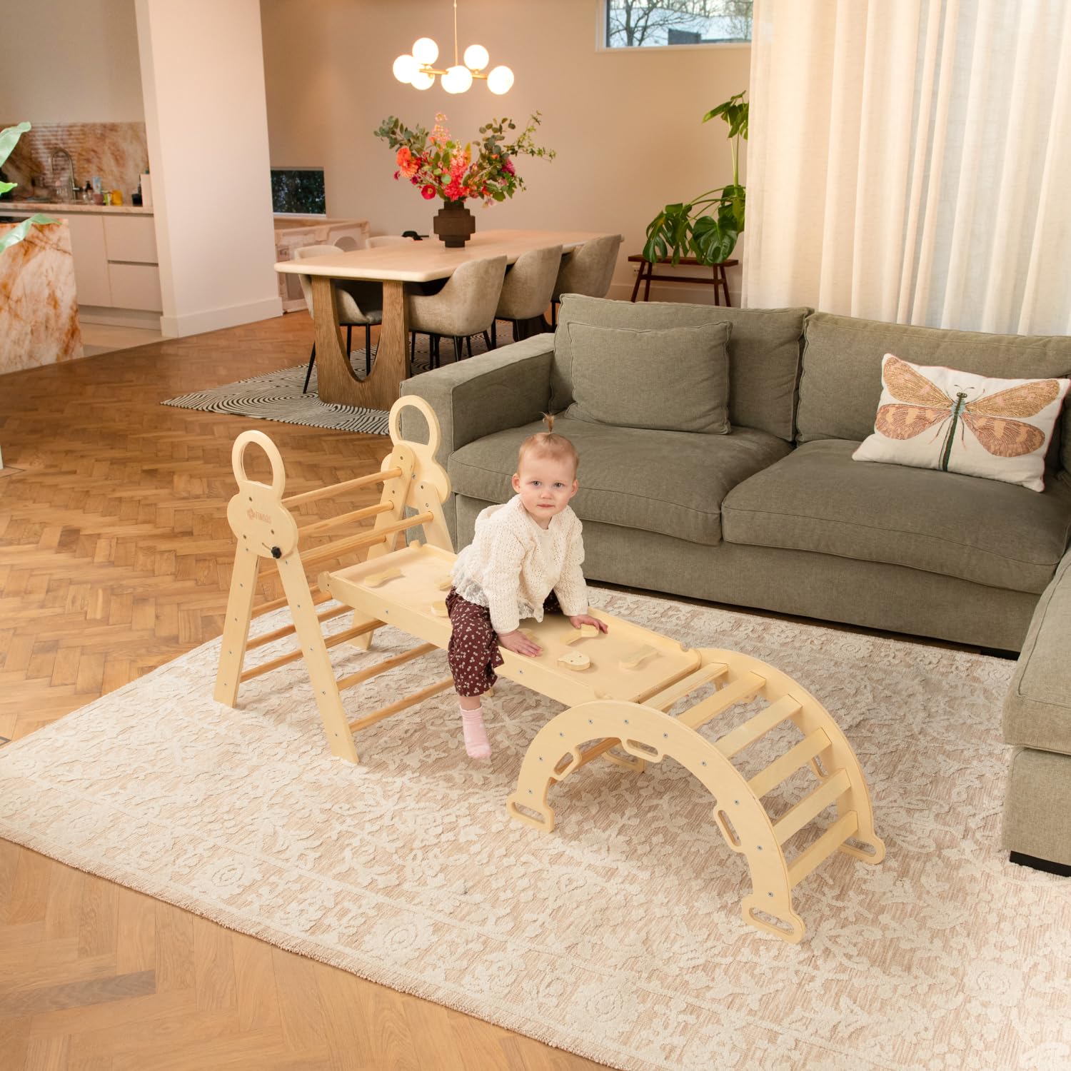 FINOOS Montessori Indoor Spielset: 7-in-1 Klettergerüst mit Rutsche & Bogen für Kleinkinder und Kinder (1-3 Jahre) (Naturholz)