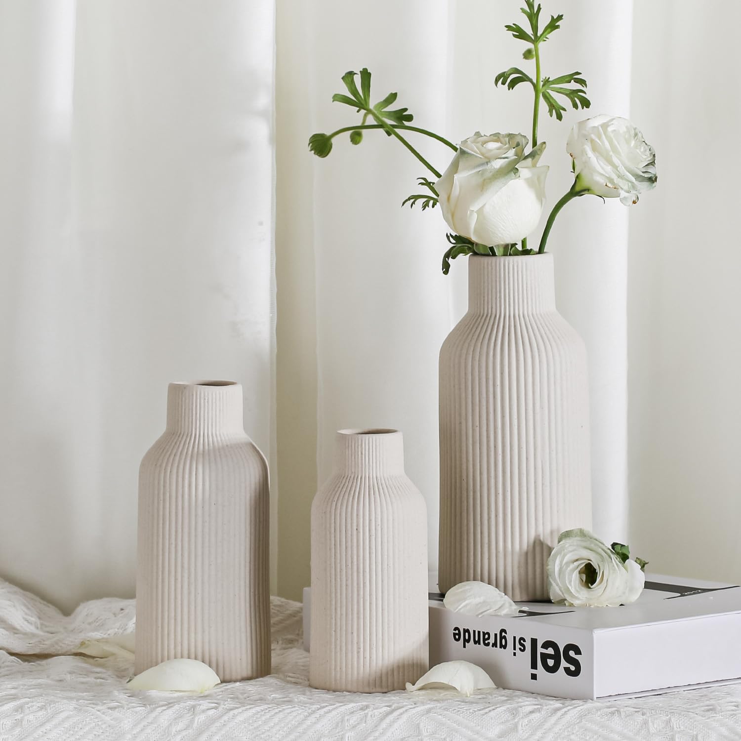 Czeski beżowy wazon ceramiczny – na trawę pampasową, gzyms, regał na książki, do przedpokoju i dekoracji salonu (beżowy, 3 sztuki)