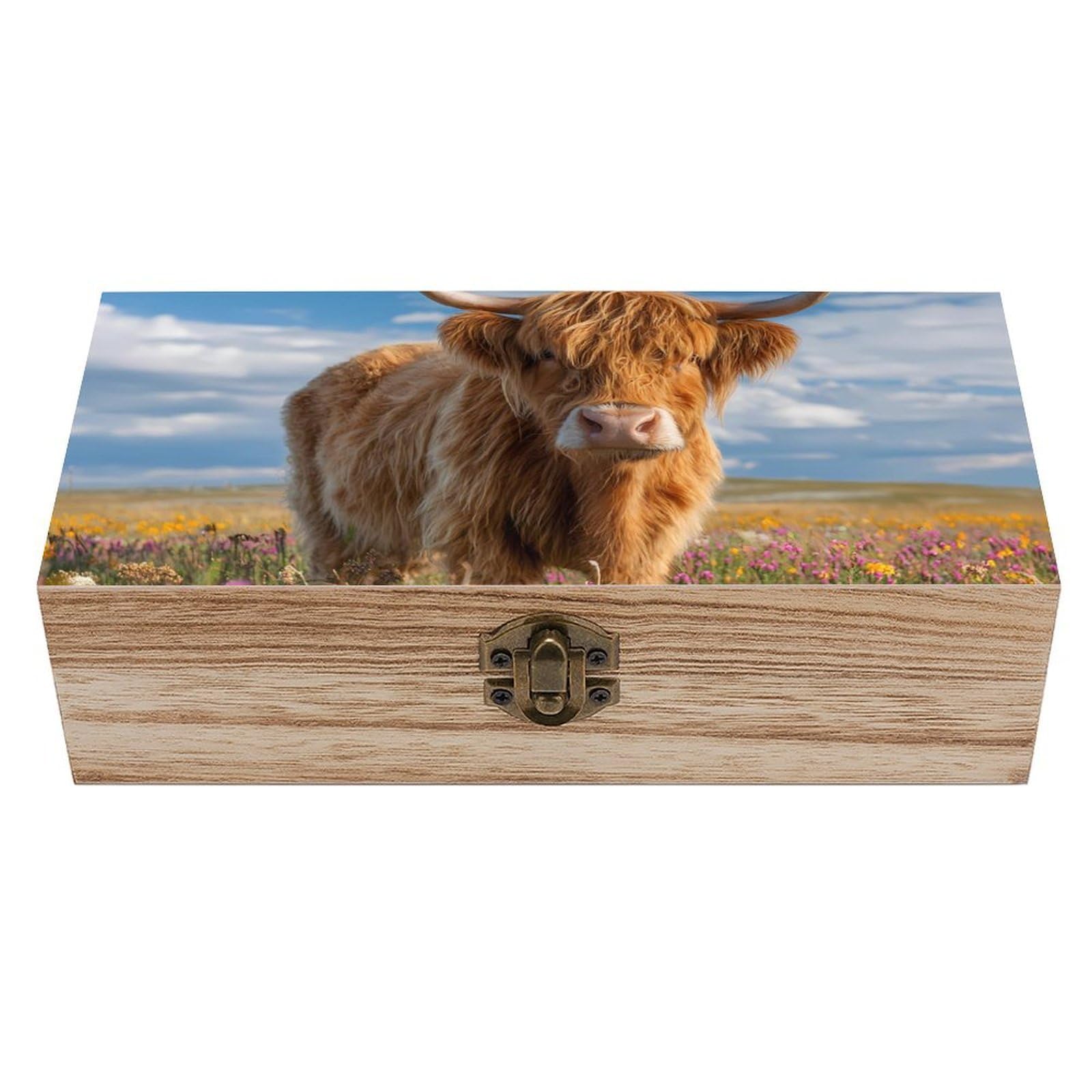 HLBSDM Highland Cow Flowers Farmhouse Wooden Box with Hinged Lid Decorative Storage Case Container