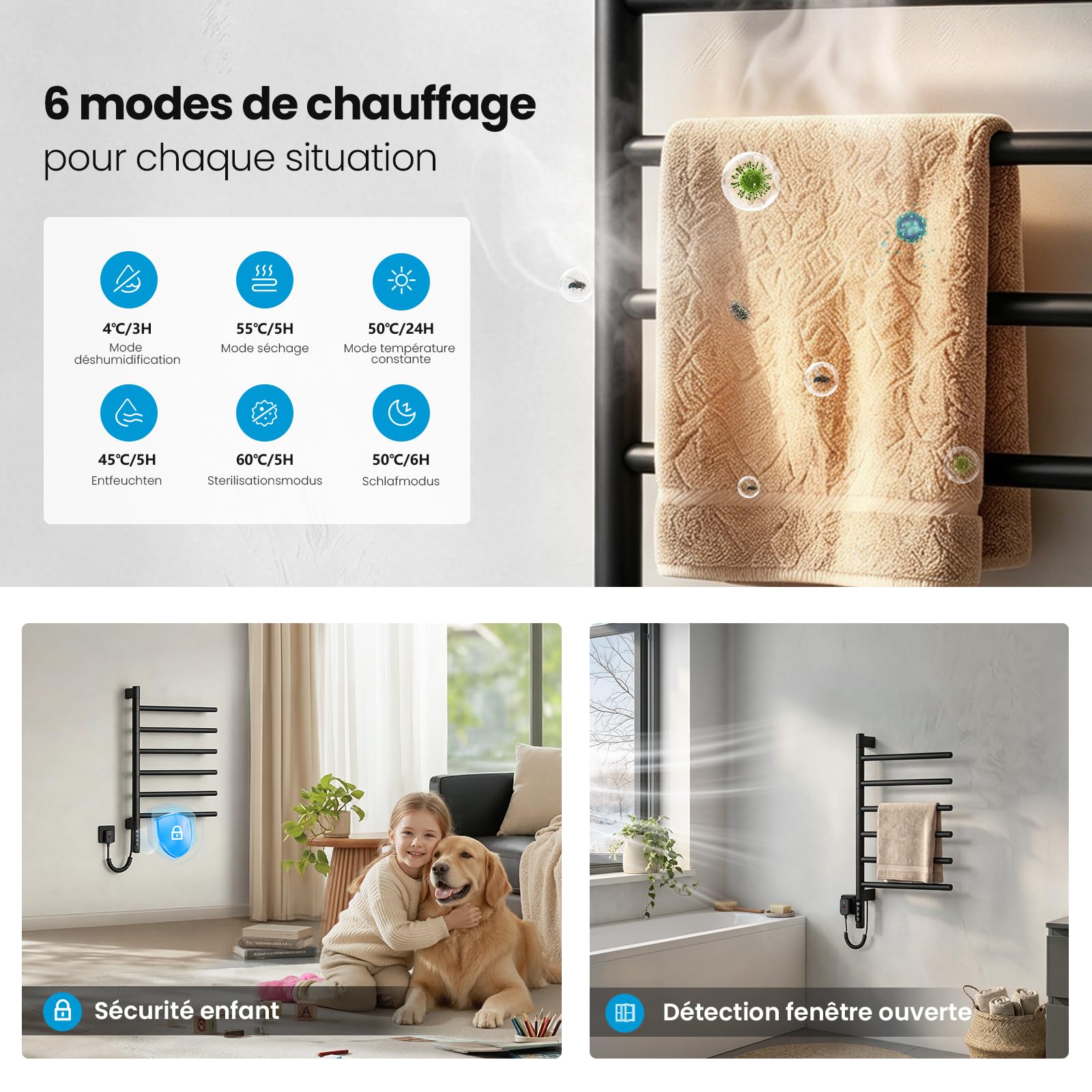 Heilmetz 78x45 mm Sèche-Serviette Électrique 180° Rotatif 135W, Chauffage Salle de Bain WiFi Intelligent avec APP & Commande Vocale, Chauffage à Fibre de Carbone, 30-70℃, Minuterie 1-24h, Noir