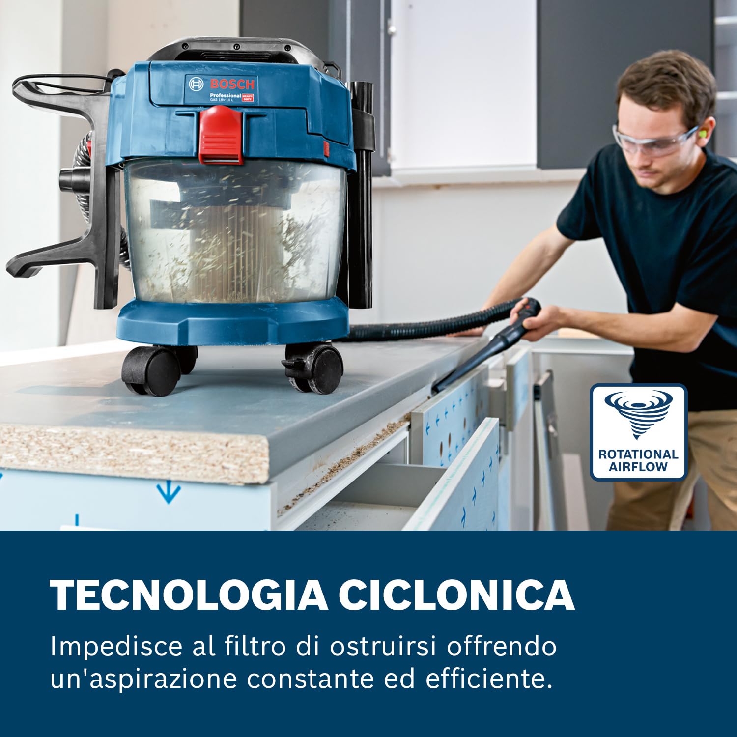 Bosch Professional Aspiratore industriale GAS 18V-10 L 18V System (batteria non incl., tubo flessibile 1,6 m, 3 tubi di prolunga, batteria/caricabatteria non incl.)