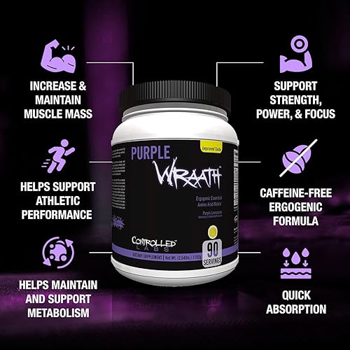 Miniatura 2 de CONTROLLED LABS Purple Wraath, suplemento de aminoácidos BCAA y AAA, con polvo de entrenamiento intra de mezcla de resistencia, resistencia óptima,
