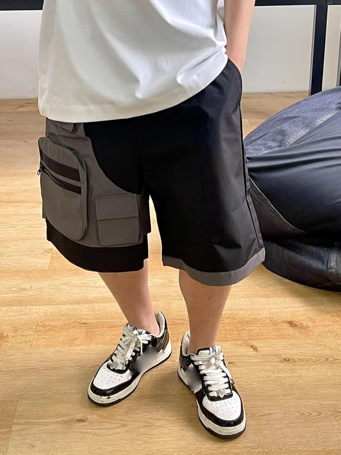 Korean Hip Hop Fake Two Pieces Patchwork Waterproof Cargo Shorts Men Clothing Streetwear Skateboard Shorts