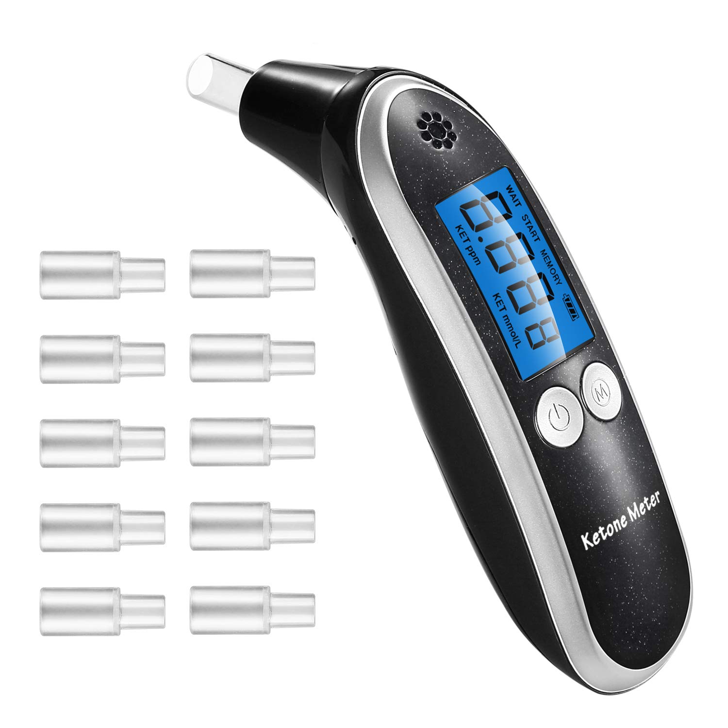 Misuratore di chetone professionale, analizzatore digitale avanzato e tester di chetosi, risultati immediati, tester di respirazione portatile per test di chetosi con 10 bocchini (Nero)