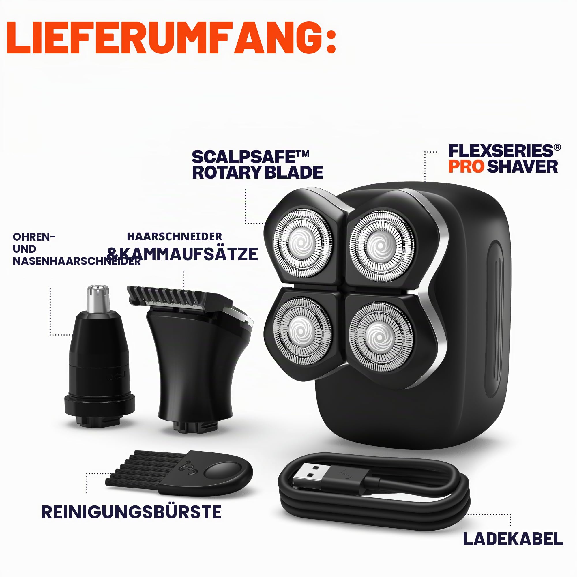 Freebird FlexSeries Pro Elektrischer Kopfrasierer - Schneller glatter Kopfrasierer, Nass-/Trockenrasur, Anti-Pinch, Rotationsrasierer, wiederaufladbar, kabellos, 4 flexible Klingen, ideales Geschenk