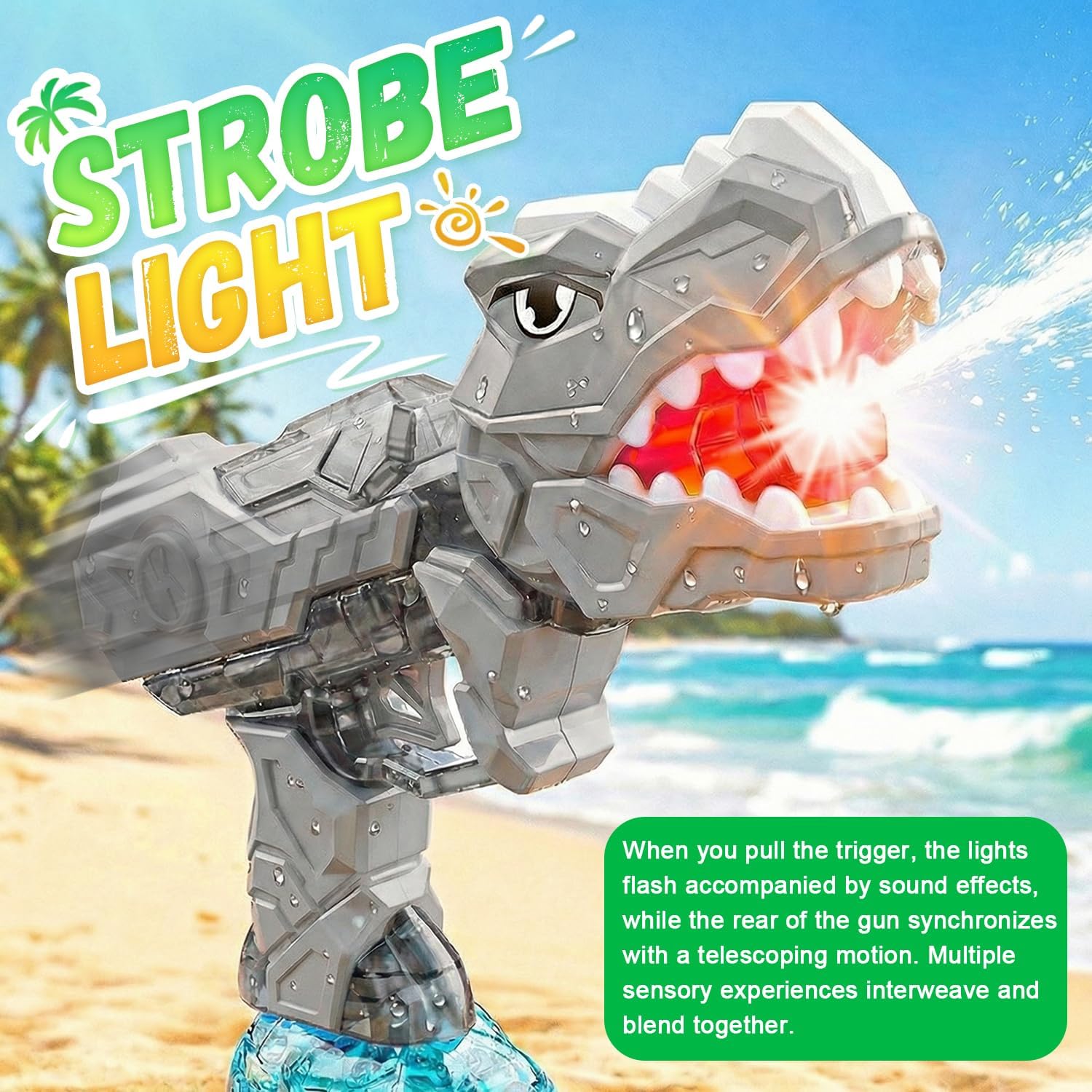 Electric Water Gun with Light Flash, Automatic Squirt Guns 26-32 FT Long Range, Grey Dinosaur Themed Powerful Water Guns for Kids Squirt Pistol for Summer Beach Party