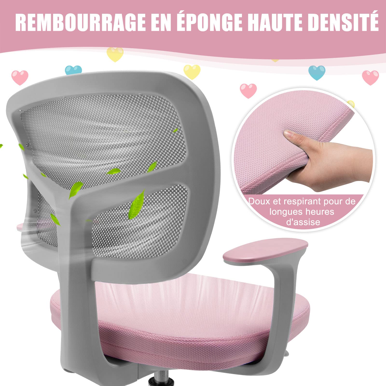 GOPLUS Chaise de Bureau pour Enfant, Chaise d’Étude avec Dossier Ergonomique et Siège Pivotant à 360°, Hauteur Réglable, pour Chambre d’Enfant, Capacité de Charge Max 150 Kg (Rose)