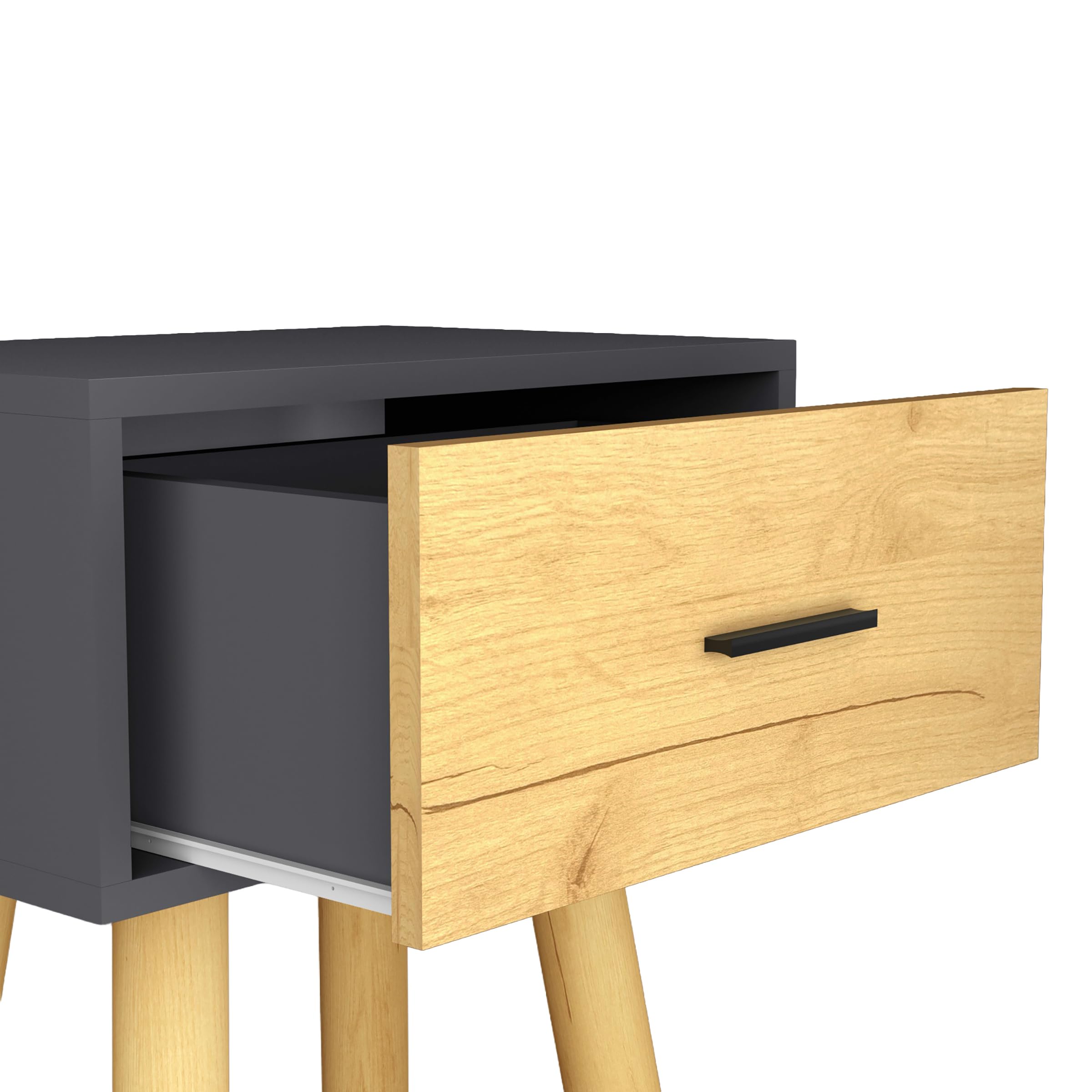 VCM Beistelltisch Nachttisch mit Schublade, 45 x 30 x 56 cm, Holzoptik, modernes Retro-Design - Singol L Anthrazit/Honig-Eiche