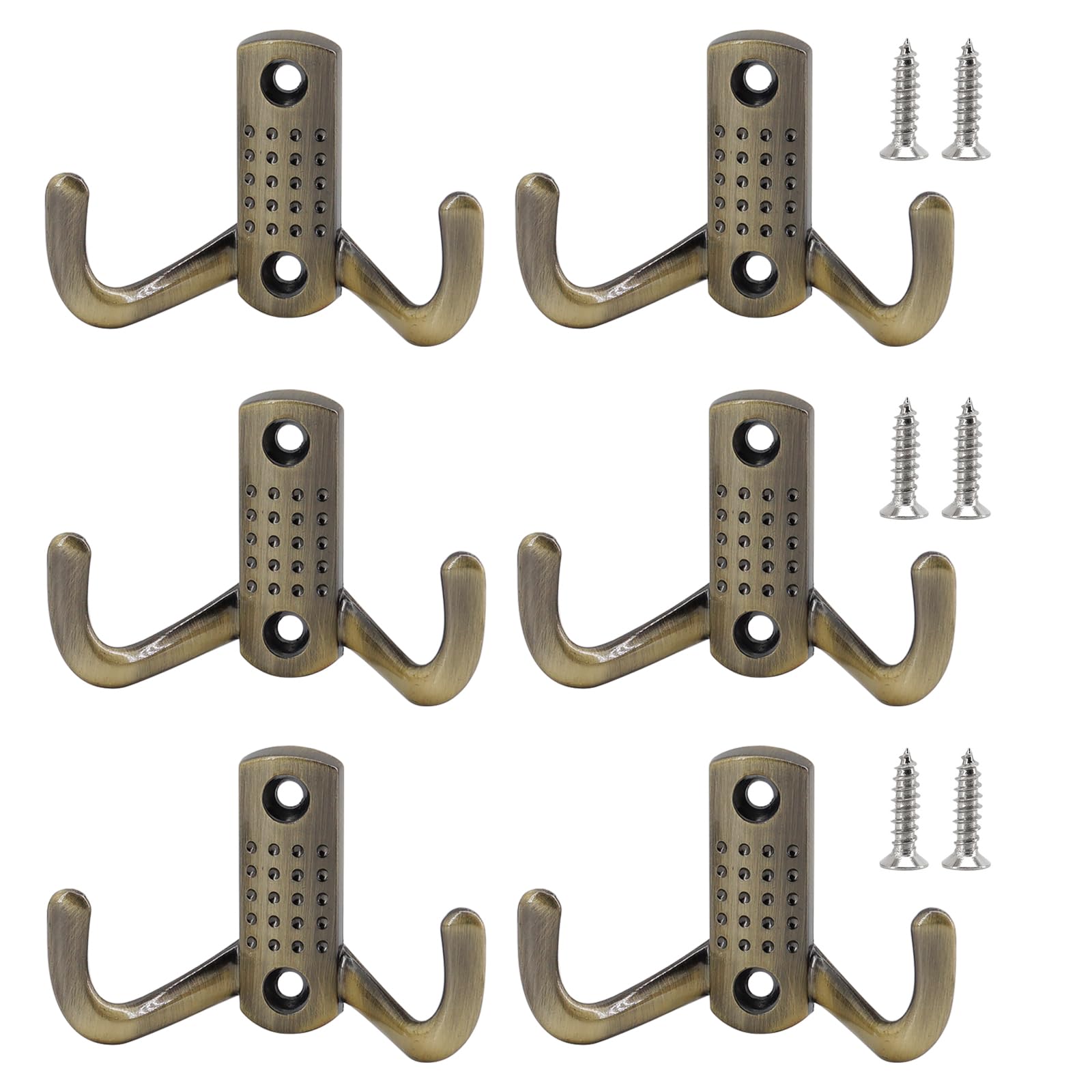 Paraphee 6 Set Metal Double Prong Robe Hooks Wall Mounted Dual Coat Cloth Door Hanger Hooks with Screws for Hanging Clothes Coat