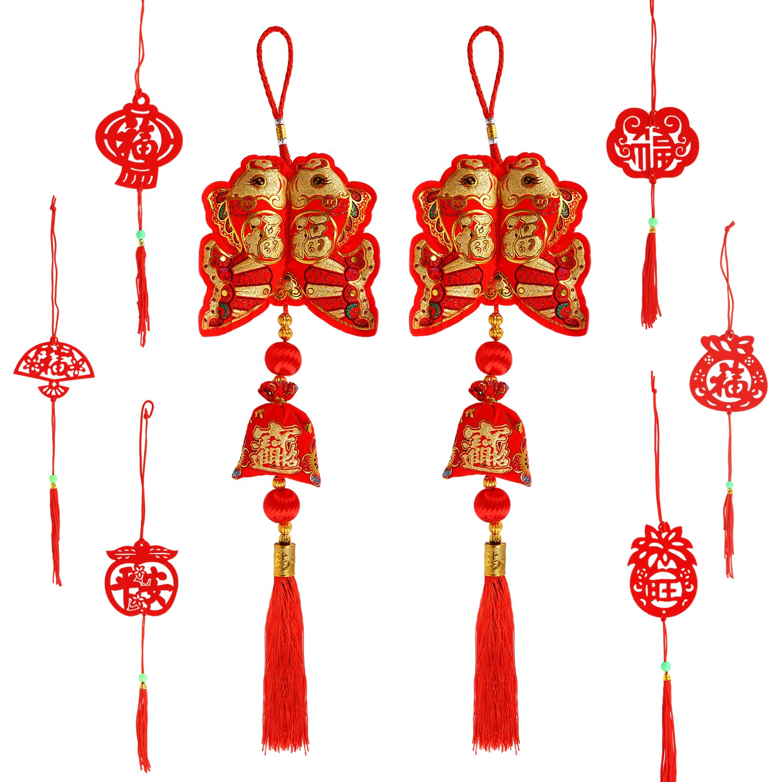 14 Pcs Chinese New Year Decoration Lucky Fu Pendants Spring Festival Red Hanging Ornaments Chinese Fish Pendant Tassel Lunar New Year Decor for Home Chinese Wedding Decor