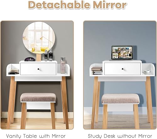 Miniatura 4 de Juego de mesa de tocador, con cajón y almacenamiento lateral, tocador, con espejo redondeado de altura ajustable y patas de pino, juego de mesa y