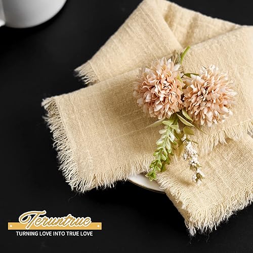 Miniatura 4 de Paquete de 40 servilletas de tela marfil de algodón y lino a granel de 16.5 x 16.5 pulgadas, servilletas de gasa hechas a mano con flecos, de