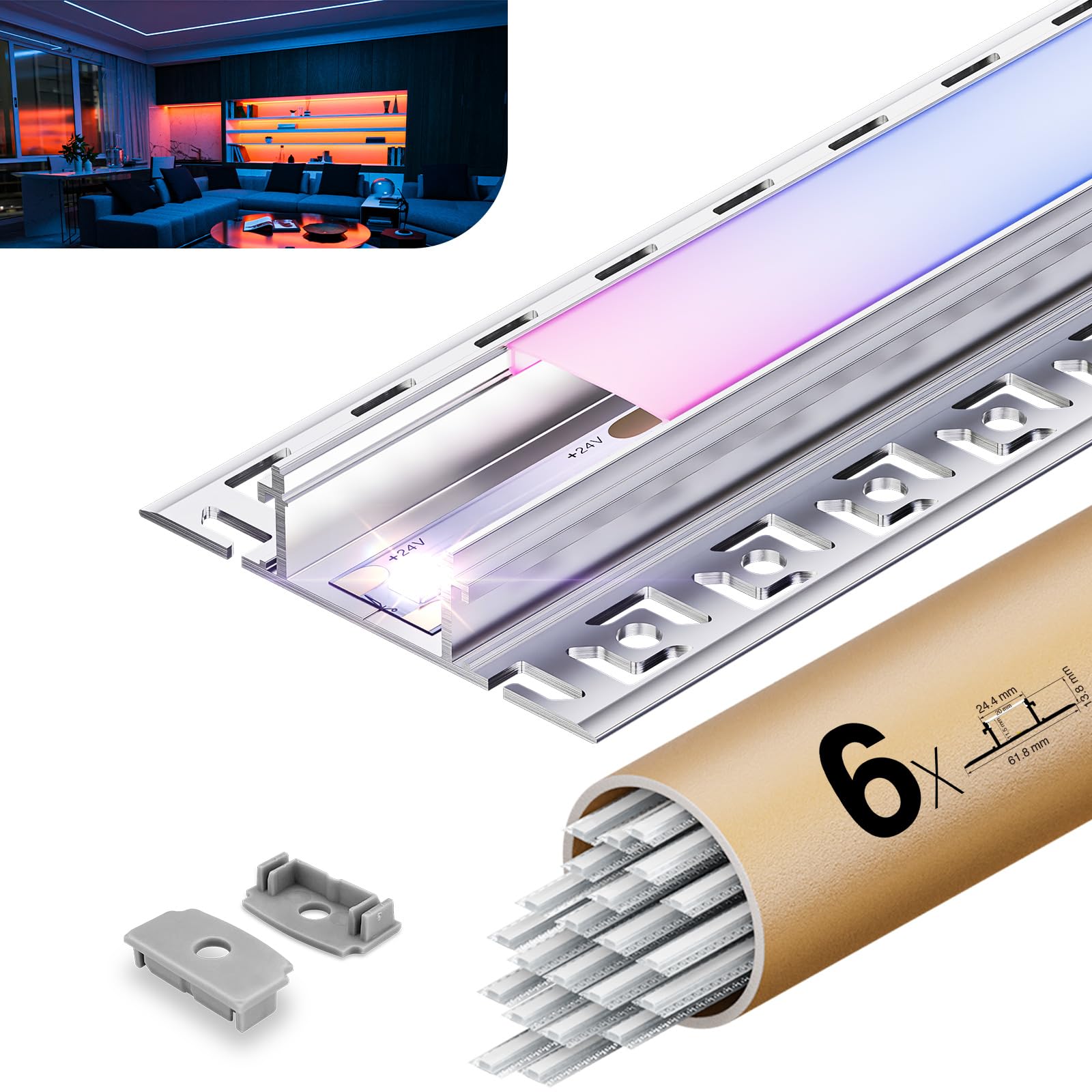 LED Unterputzprofil 2m x 6 Stück ohne Fräsung einfache Montage, LED Fliesenprofil Flächenbündig für Led Streifen bis 20 mm, inkl. Lichtdiffusor aus PC Endkappen für Decke, Gipskarton Holz geeignet