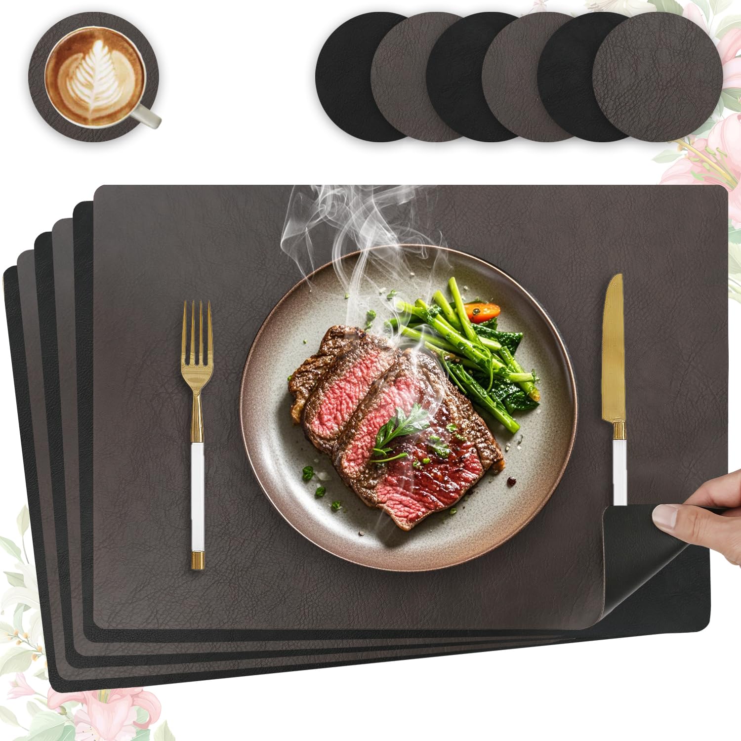 Heli MAIO Tischsets und Untersetzer 4er Set,Platzsets Abwaschbar und Doppelseitigen rutschfest Platzdeckchen,Tischset Leder Kunstleder,Platzdeckchen wasserdicht