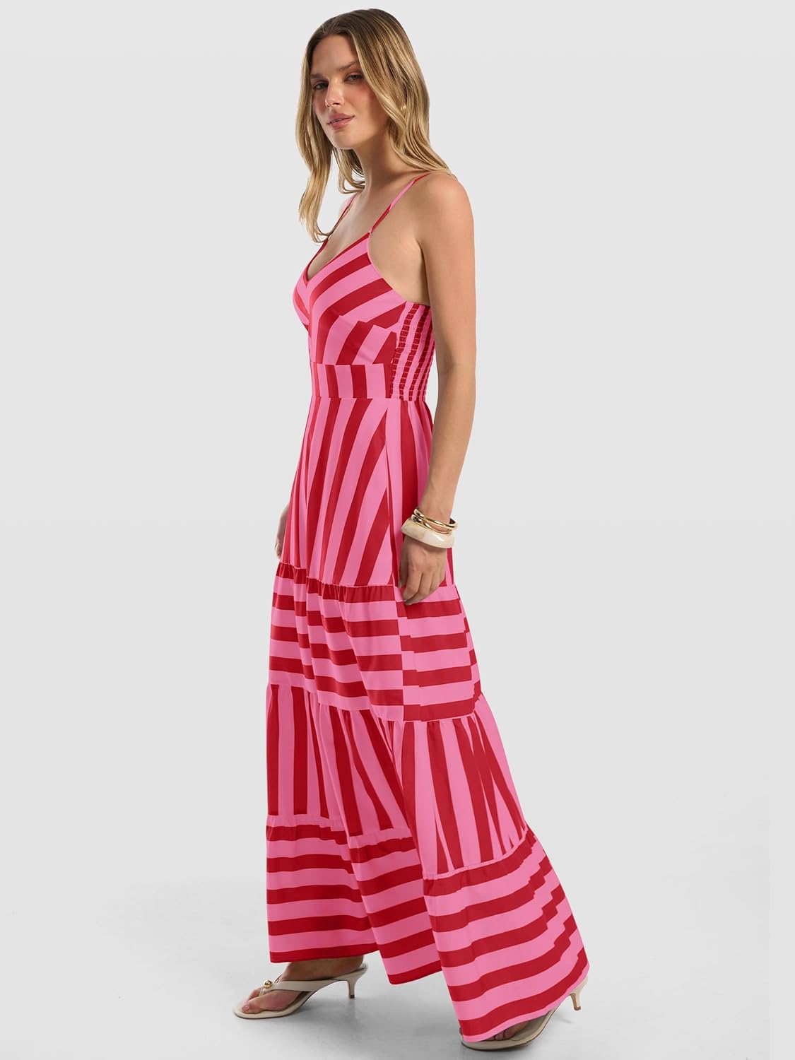 Caracilia Summer Maxi Dresses for Women Spaghetti Strap Back Smocked A Line V Neck Casual Long Dress Beach Vacation Clothes