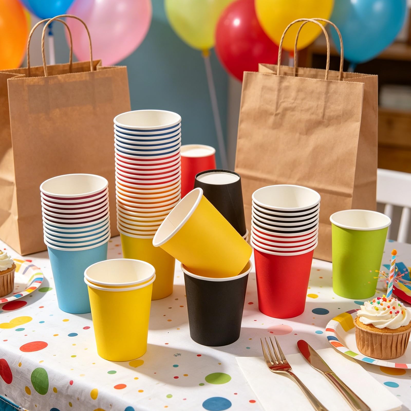 60 kolorowych kubków papierowych, 250 ml, wielokolorowe, na imprezę, do majsterkowania, majsterkowania, wielokolorowych kubków papierowych, do samodzielnego wykonania, na urodziny, święta