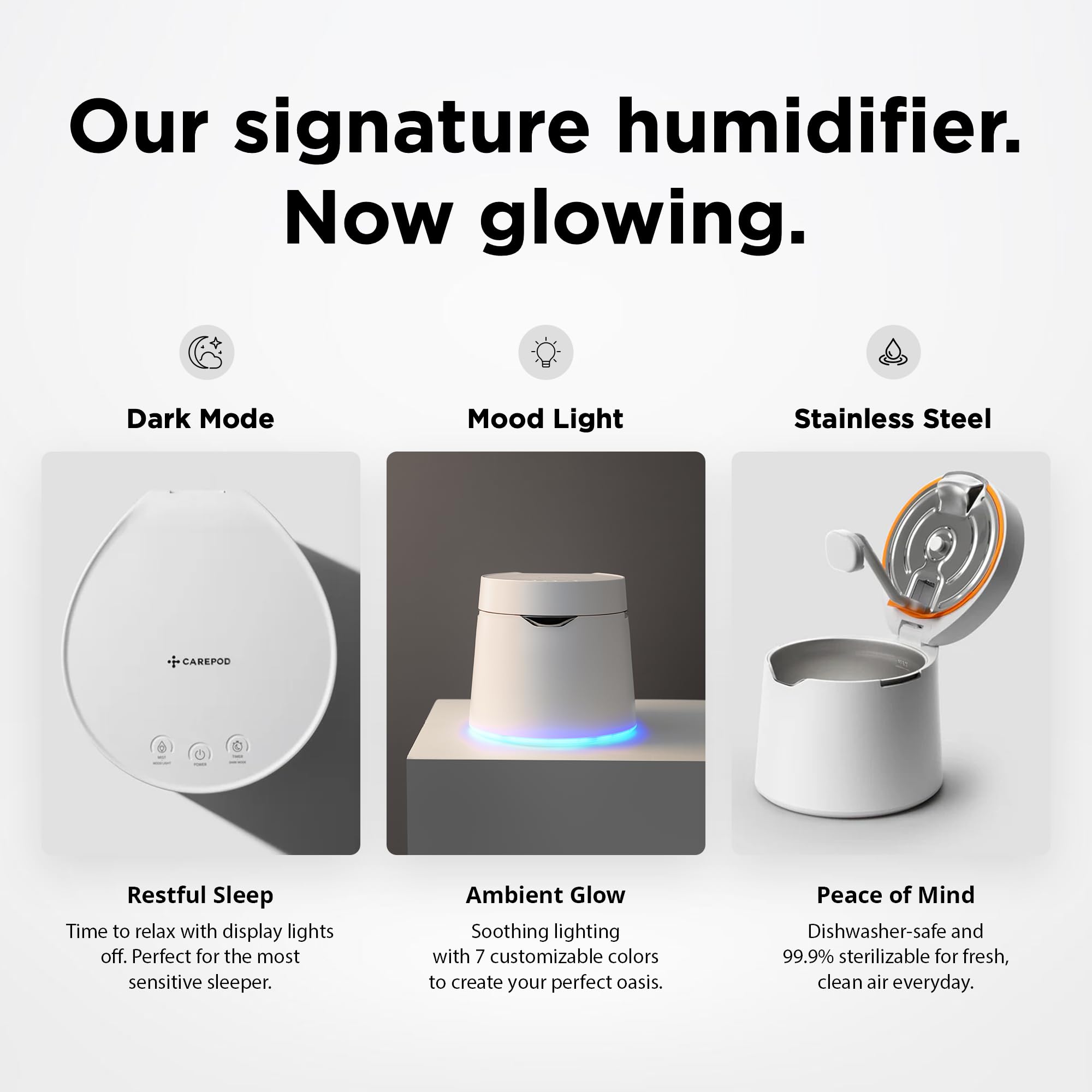 Carepod One Plus - Humidificador de acero inoxidable para habitación grande con luz de humor, silencioso y seguro para el bebé, solo 3 piezas lavables, humidificadores ultrasónicos de niebla fría