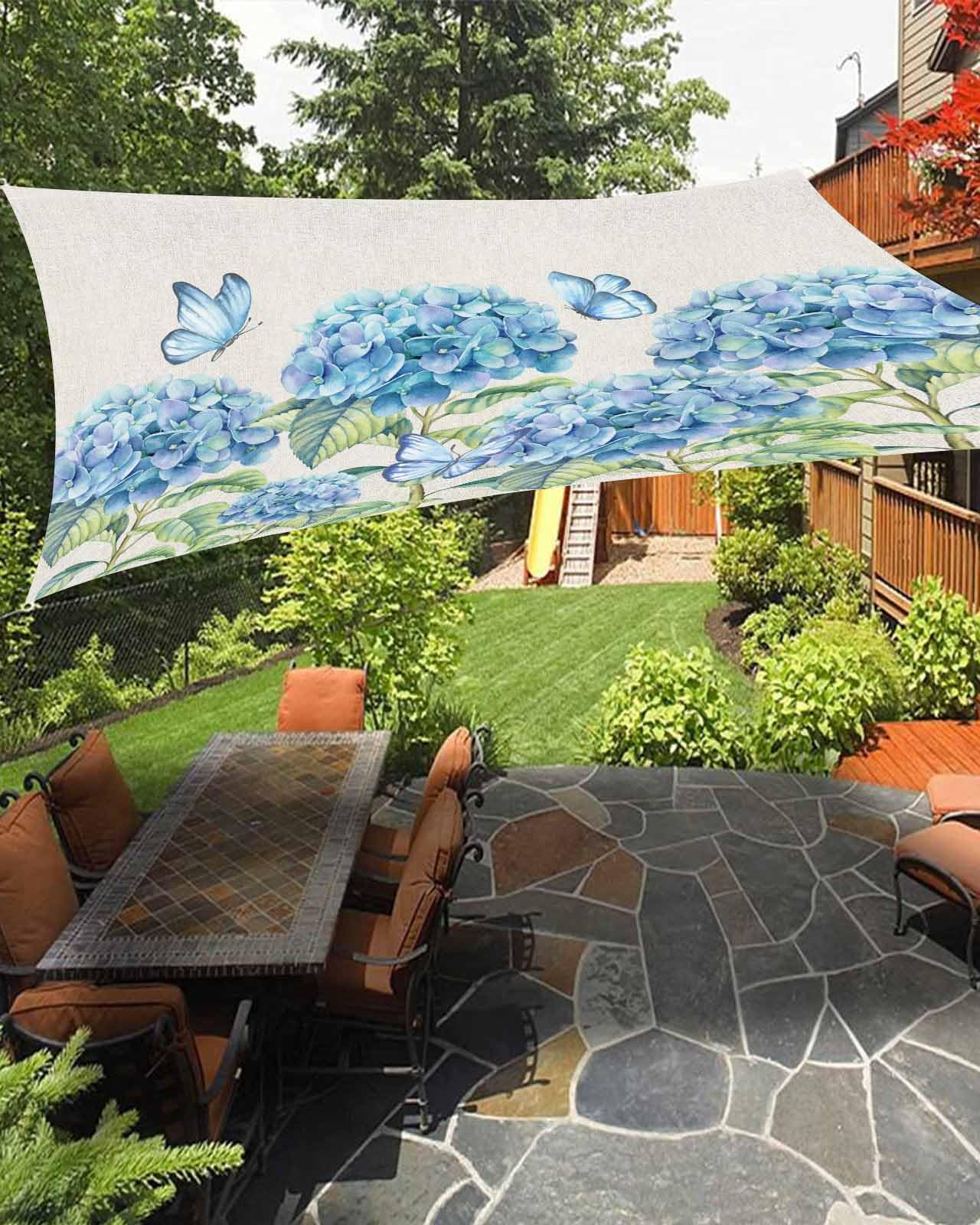 Boanket Sun Shade Sail 8' x 10', Spring Floral Rectangular Waterproof Outdoor Sun Shades, Blue Hydrangea Summer Botanical Butterfly Shade Cloth for Patio Deck Terrace Garden Lawns Beach Backyard