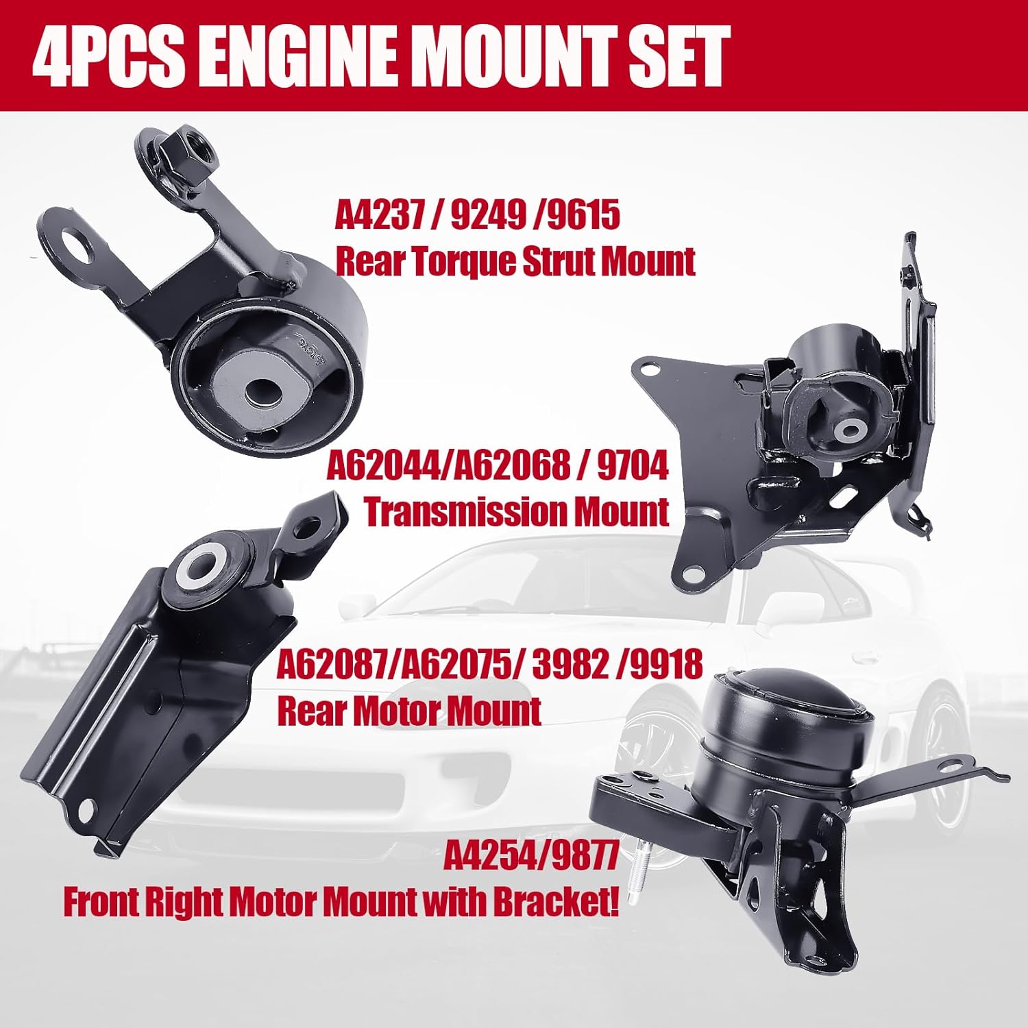 Engine and Transmission Motor Mount Fits 2006-2012/2015-2019 Toyota Yaris L4 1.5L 4pcs A4254 A62087 A62044 A4237