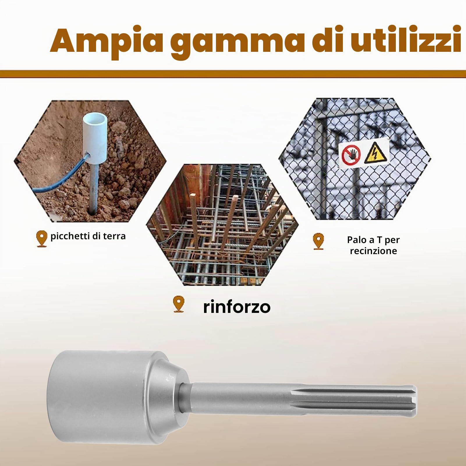 Driver Palo a T SDS Plus 45mm, Punta Trapano Percussione per Asta Terra Recinzione, Acciaio 40Cr 0 Deformazioni 0 Rotture, per Installazione Pali Tondi Professionali