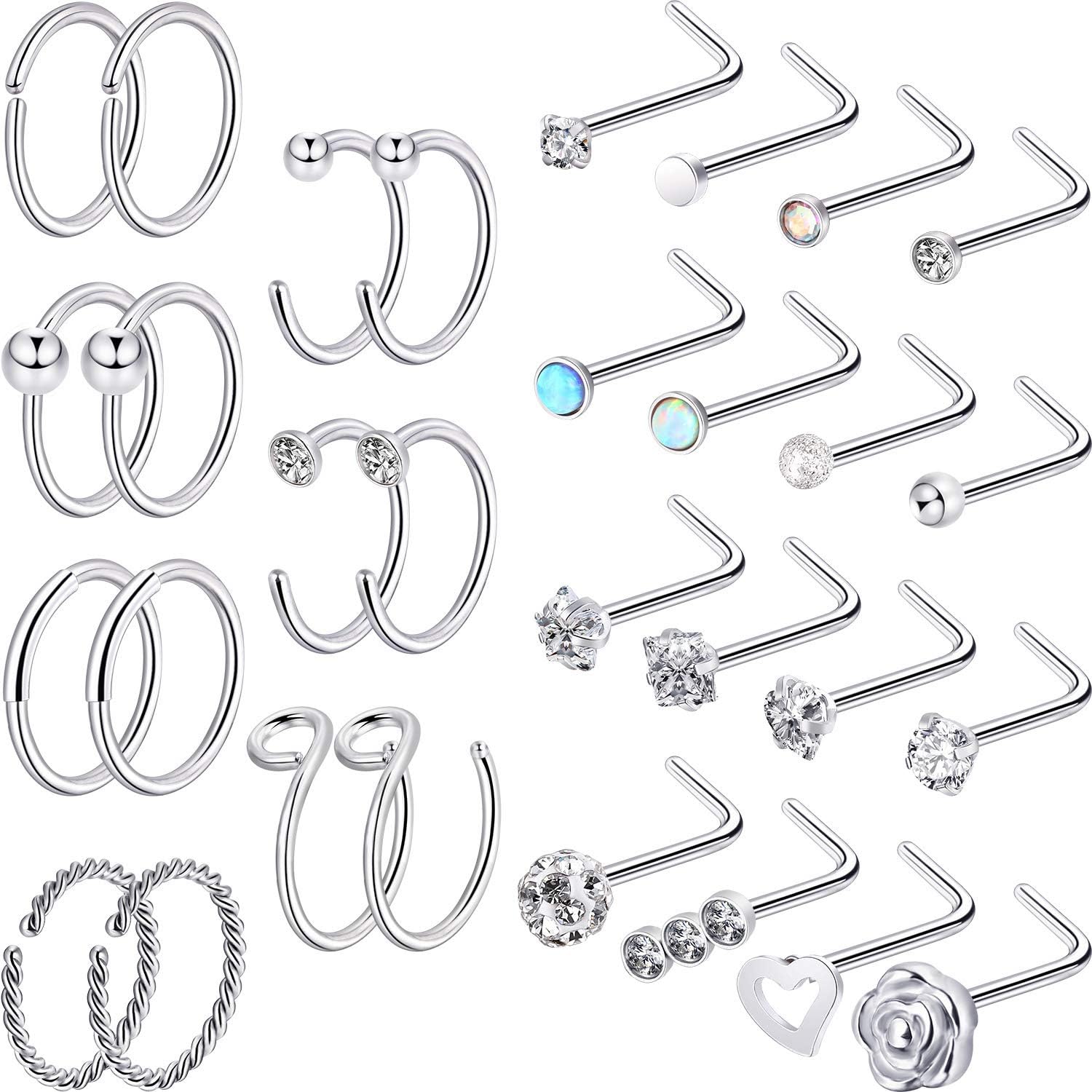 32 Pieces C-Shaped Nose Ring L-Shaped Hoop Tragus Nose Studs Bone Curved Hoop Tragus Cartilage Hoop Piercing