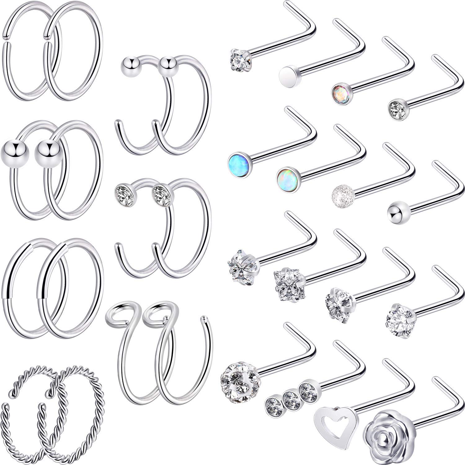 32 Pieces C-Shaped Nose Ring L-Shaped Hoop Tragus Nose Studs Bone Curved Hoop Tragus Cartilage Hoop Piercing