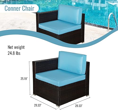 Miniatura 3 de EMKK Juego de muebles de exterior 6 piezas para todo tipo de clima sofá seccional de mimbre de ratán de polietileno con respaldo alto y otomanos