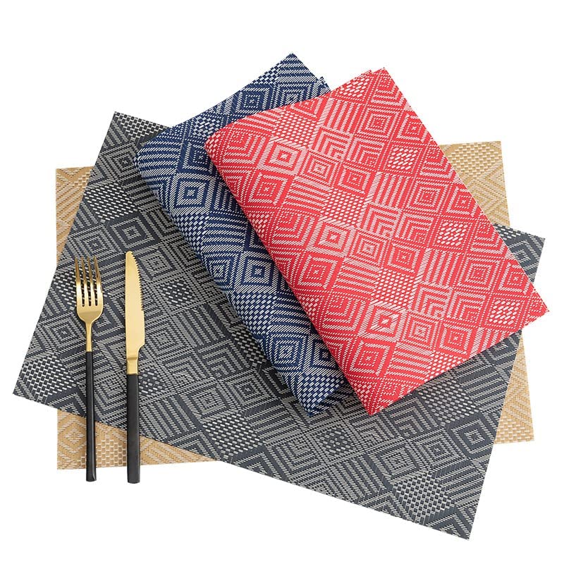 Image of YELONA Placemats Set of 8, Heat-Resistant Woven Vinyl Table Mats, Non-Slip & Washable Dining Tablemats for Kitchen & Dinner Decor, Blue & White (45cm x 30cm)