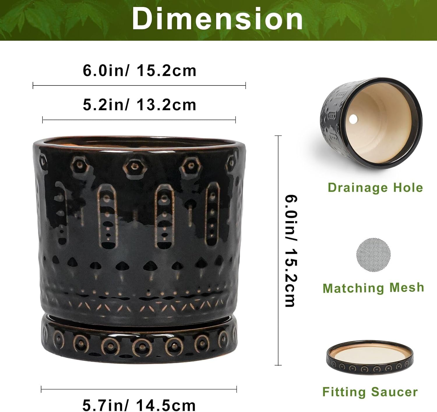 Eightpot Ceramic Plant Pots - 6 Inch Ceramic Planter for Indoor Outdoor, Round Flower Pots with Drainage Hole and Plant Saucer, Boho Decorative Small Planter, House Decor, Gifts for Gardeners, Black