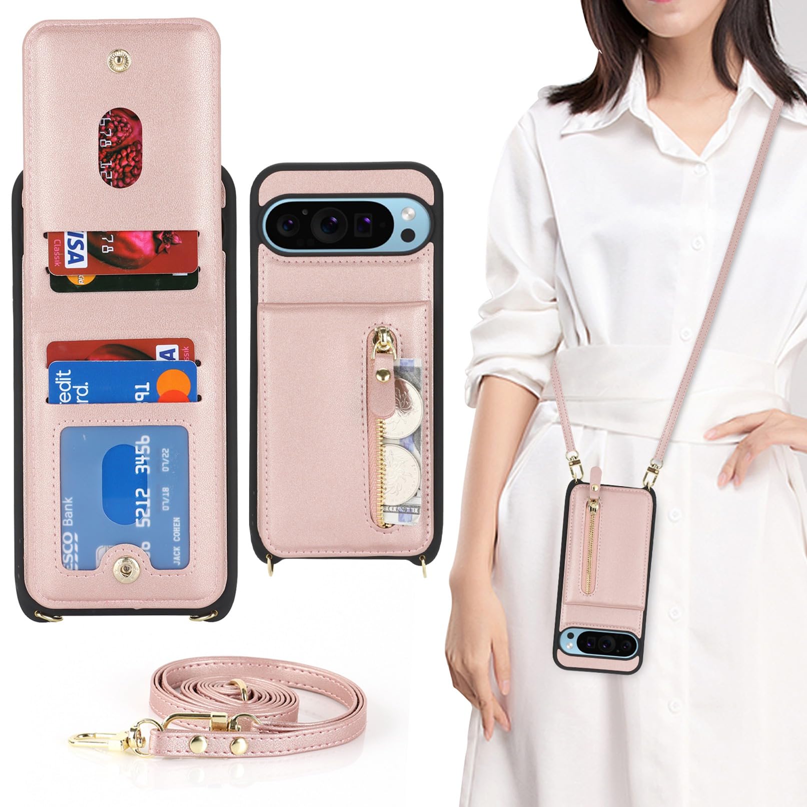 Jaorty Compatible with Google Pixel 9 Pro XL Case for Women with Card Holder 6.8",Pixel 9 Pro XL Phone Case with Strap, Crossbody Lanyard Cases with Credit Card Slots with Stand,Rosegold