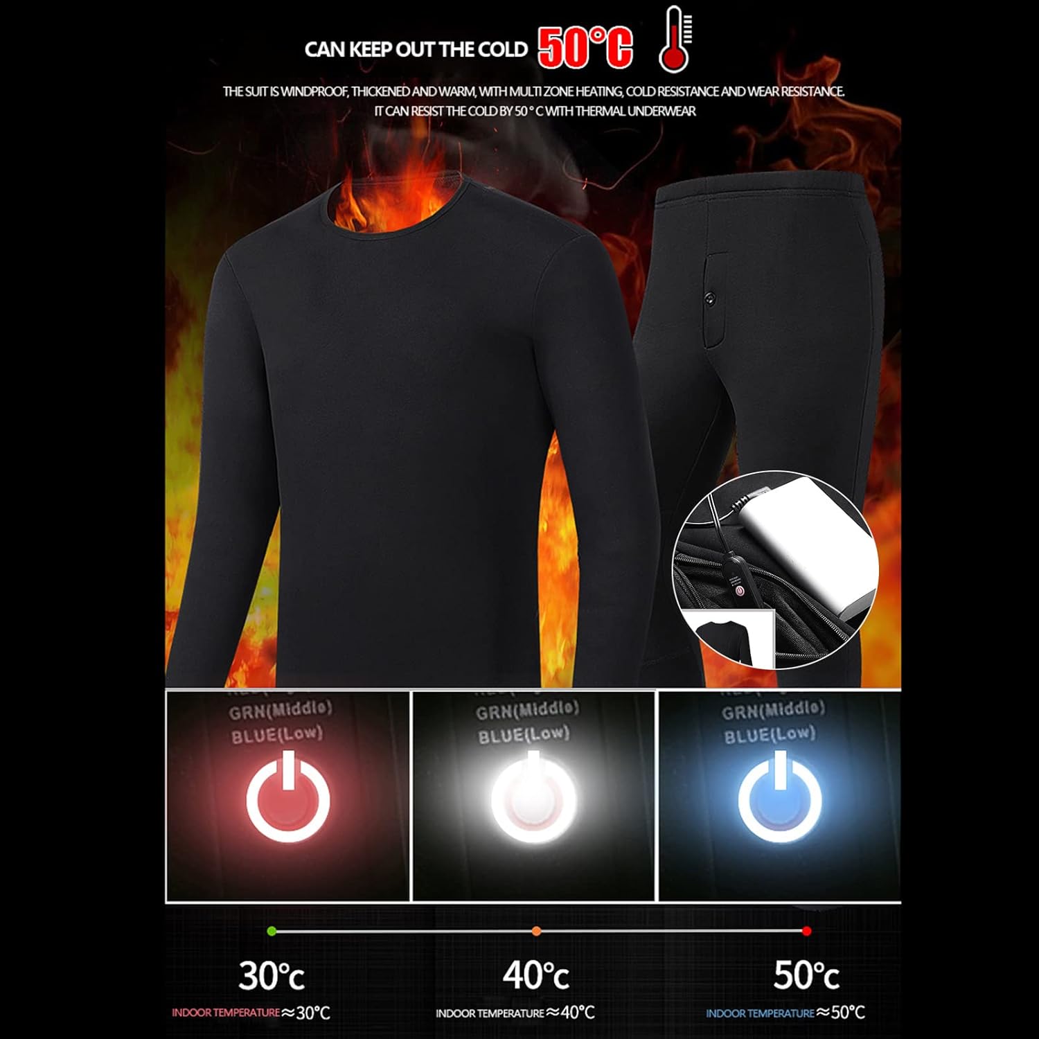 Men's Heated Underwear, USB Men's Electric Thermal Underwear Top Bottom in Winter(no Power Bank)