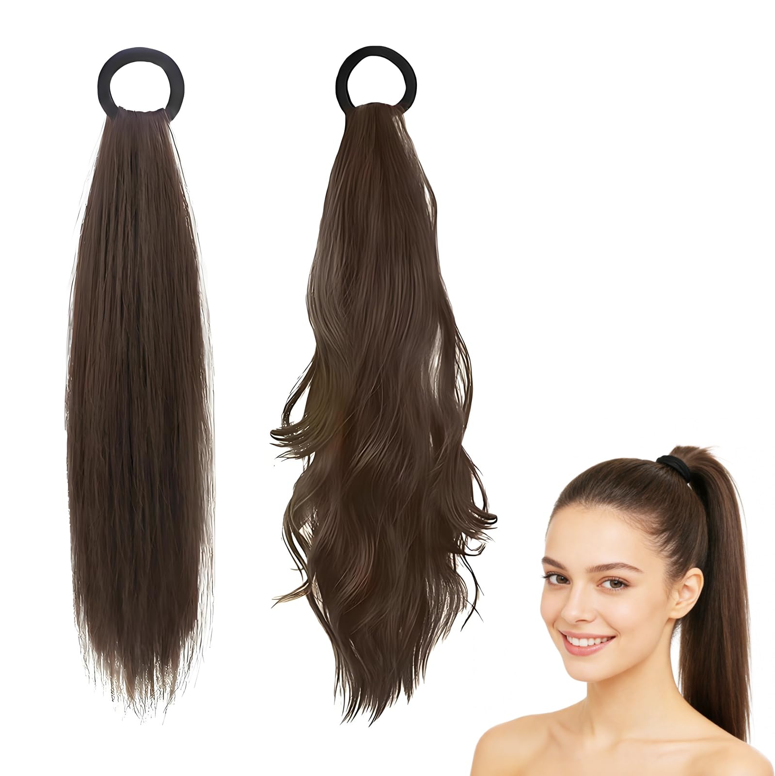 Jetstream 2 Piezas Coleta Postiza, Extensiones Pelo Rizado, Coleta Pelo Natural, Castaño Oscuro, Cabello Liso y Coleta Rizada, Adecuado para Mujeres y Niñas