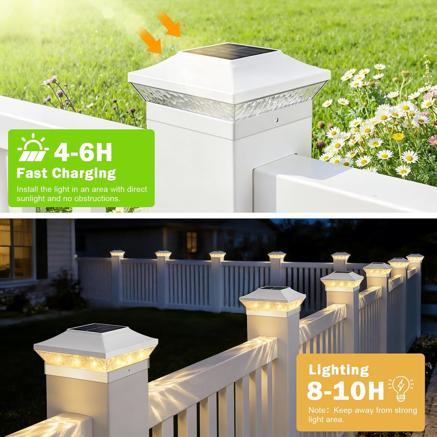 Brightever 3.5x3.5 4x4 Solar Post Cap Lights Outdoor, 12-Pack Solar Fence Post Lights for Wooden/Vinyl Posts, 2 Modes (Warm/Cool White), Solar Powered Waterproof Deck Post Lights for Patio, White